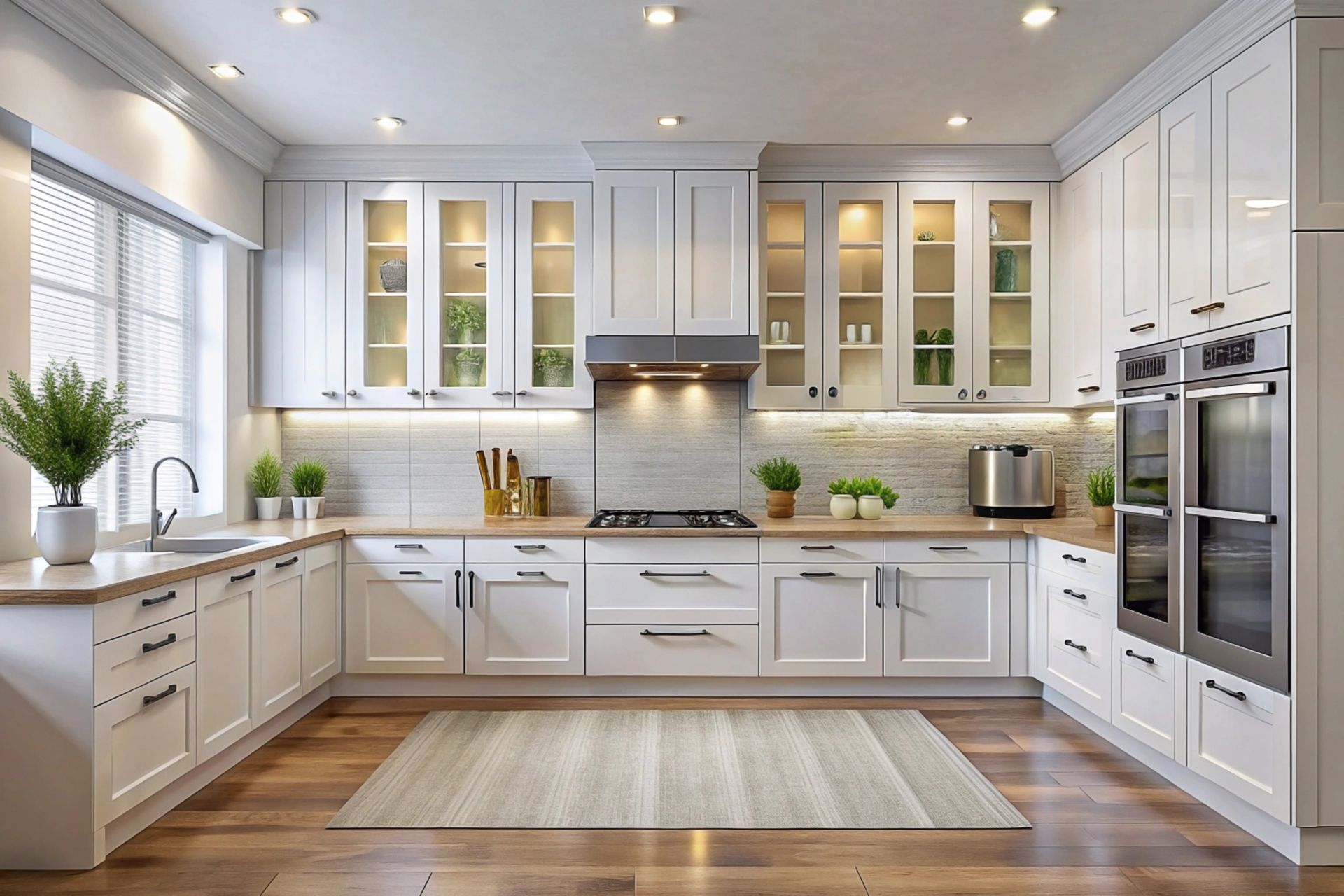 White kitchen with light wood countertops, stainless steel appliances, and a rug.