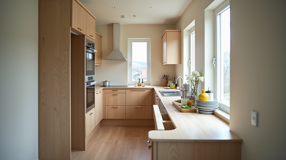 Small kitchen with light wood cabinets, appliances, and a window.