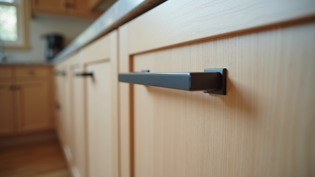 Close-up of kitchen cabinet with a black, rectangular handle. Light wood cabinets with other handles visible.