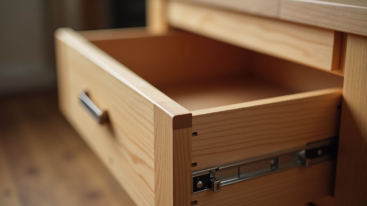 Open wooden drawer in a light-colored wooden cabinet.