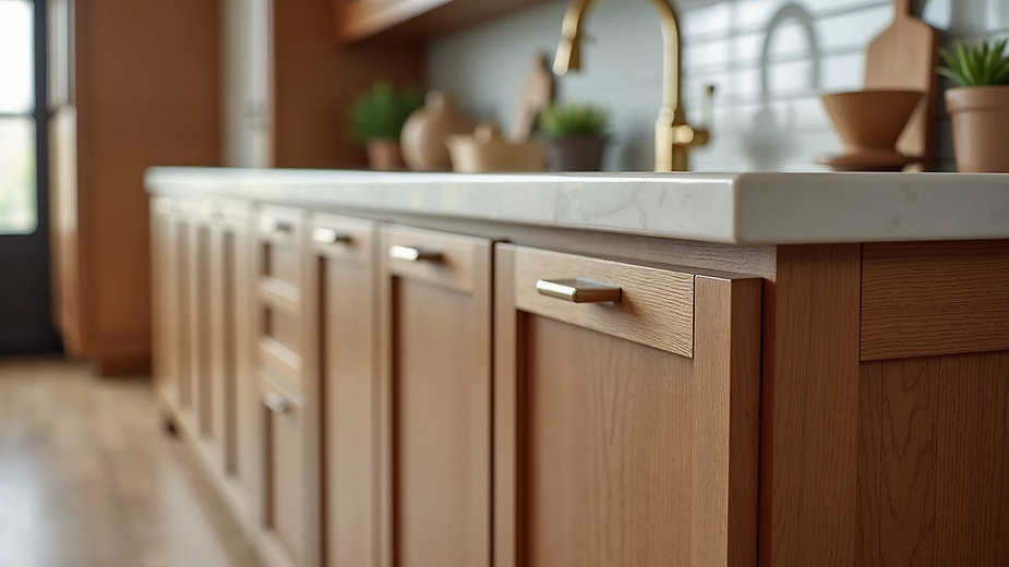 Wooden kitchen cabinets with light countertops and gold hardware.