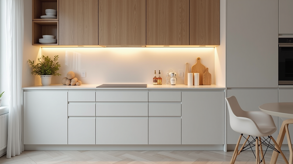 Modern kitchen with white cabinets, wooden upper cabinets, and warm lighting.