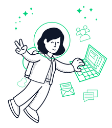 Cartoon person floating and typing on a laptop, surrounded by green icons and chat bubbles.