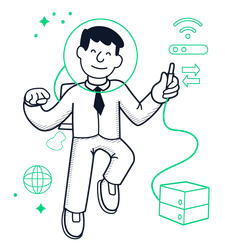 Cartoon person in a virtual reality headset, smiling and floating with wireless and globe icons around them