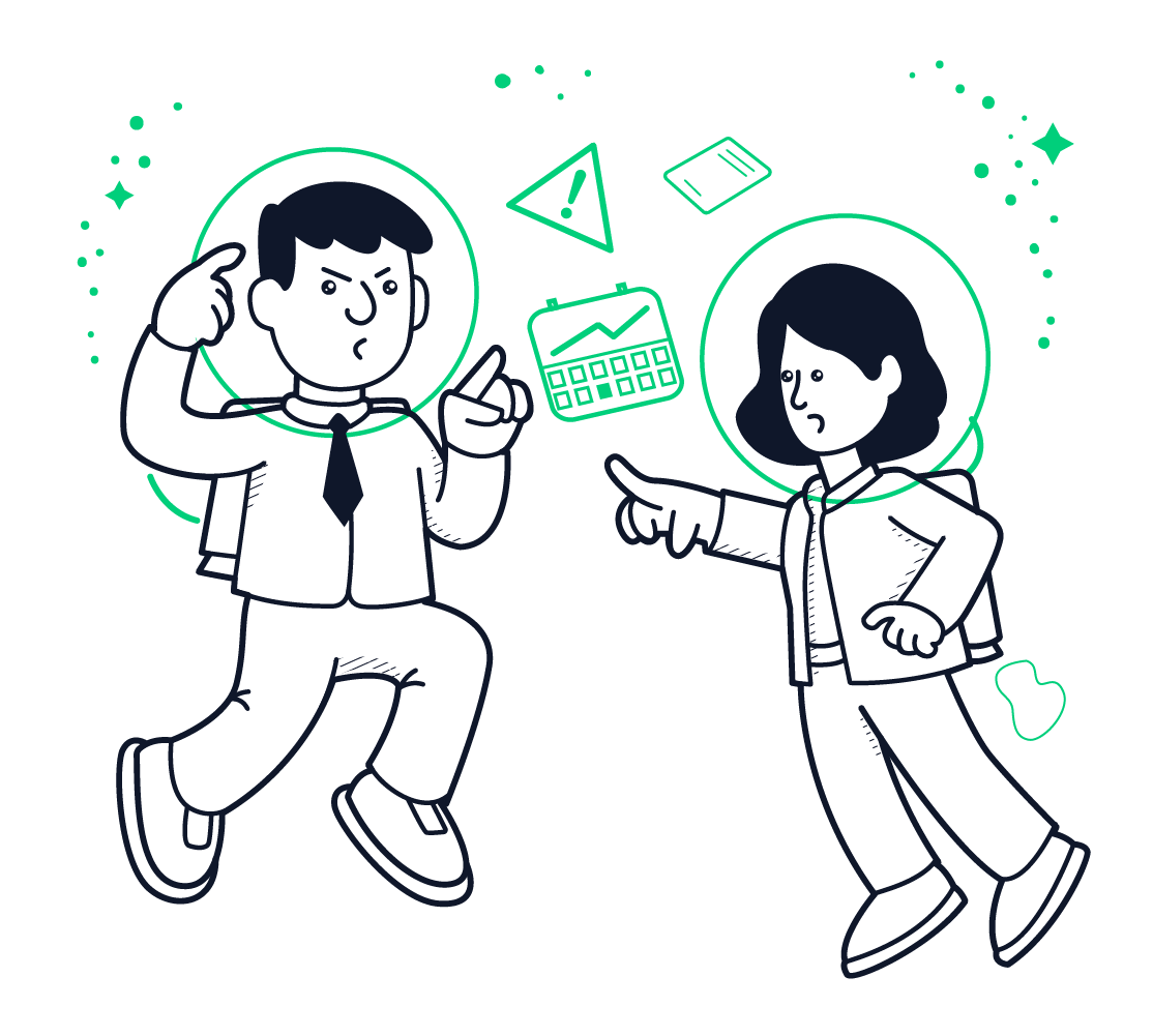 Two people chatting with floating icons, one gesturing while the other points, in a simple line drawing