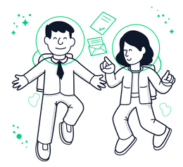 Two people dancing with papers floating around them, outlined in green and black.