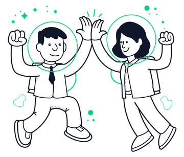 Two cartoon people dancing, outlined in green with sparkly accents on a white background
