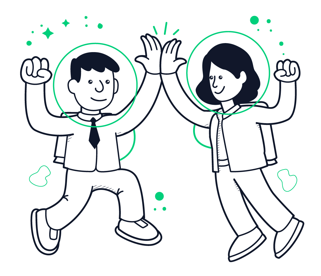 Two people high-fiving, smiling, with green circles and sparkles around them.