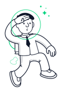 Cartoon person walking with hand on head, outlined in black and white with green accent circles and sparkles