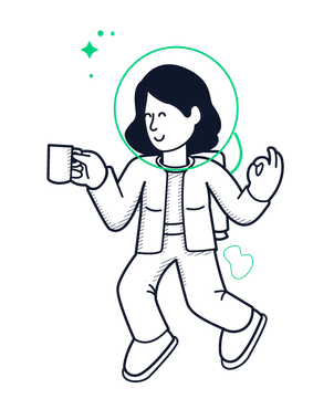 Cartoon person walking with a mug, outlined in black with green accent sparkles on a white background