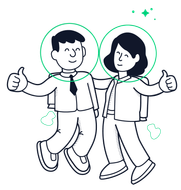 Two smiling cartoon coworkers giving thumbs up, outlined in black with green accents.