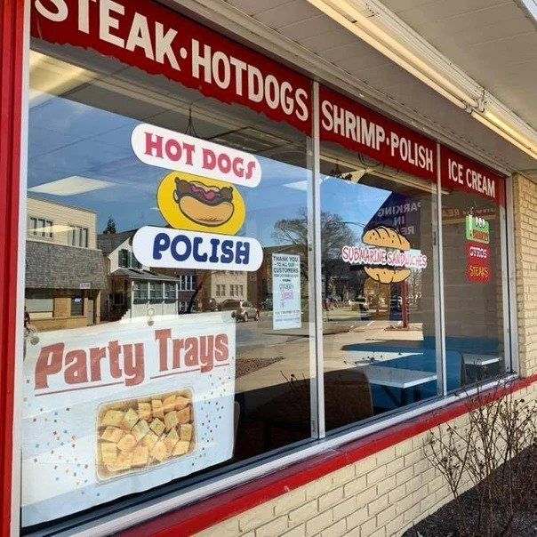 A steak hotdogs shrimp polish ice cream and party trays restaurant