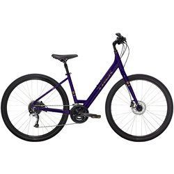 A purple and black bicycle on a white background.