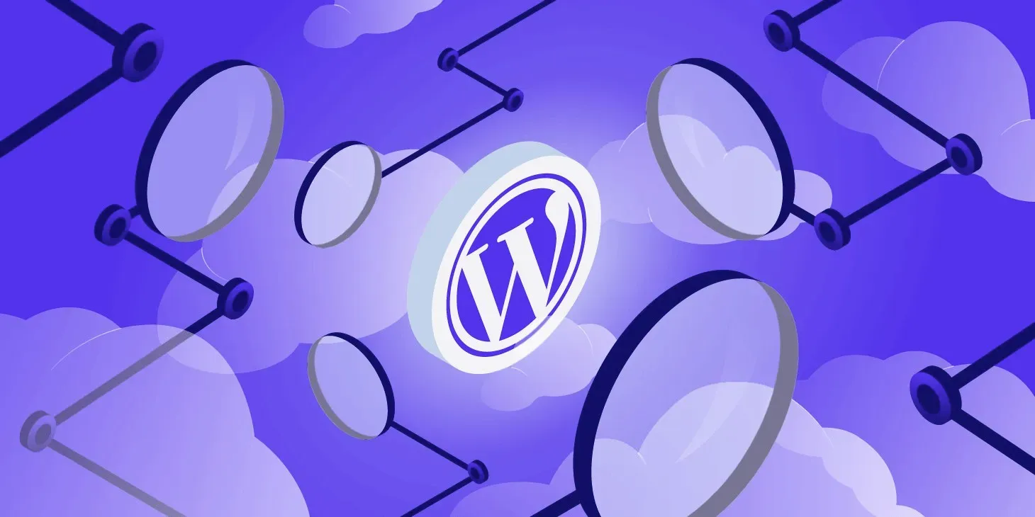 A magnifying glass with the word wordpress on it