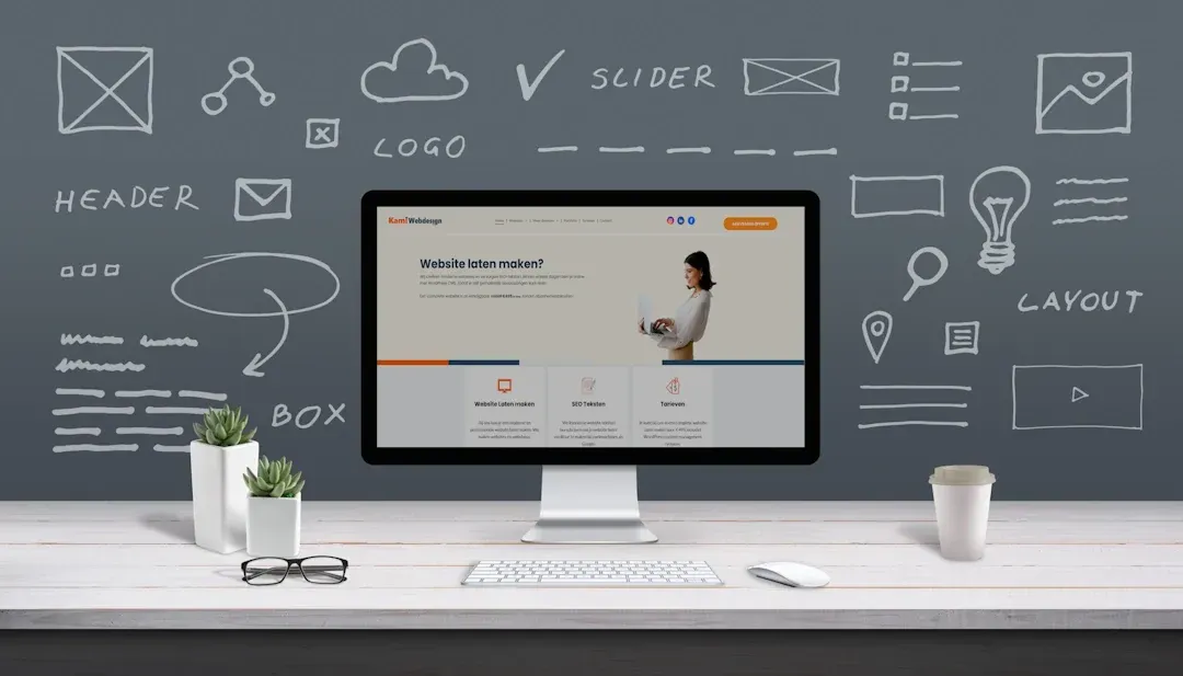 Een computer monitor is op een bureau met de tekst ''Website laten maken'' voor een boord.