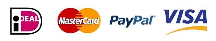 Een iDeal-, Mastercard-, PayPal- en Visa-logo op een witte achtergrond