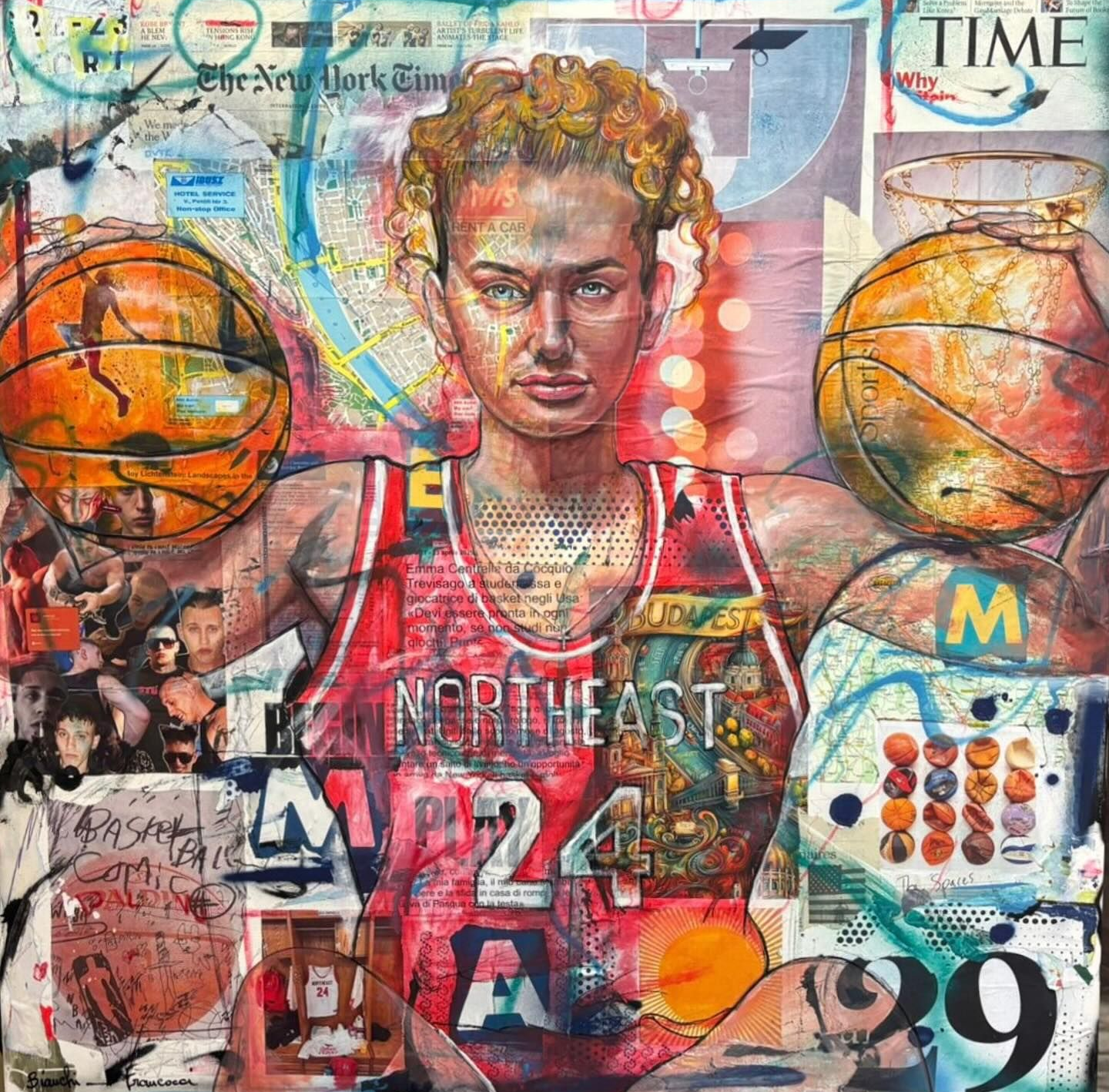 Un'opera d'arte a tecnica mista che raffigura un giocatore di basket al centro, con in mano due palloni da basket, su sfondi realizzati con la tecnica del collage a strati.