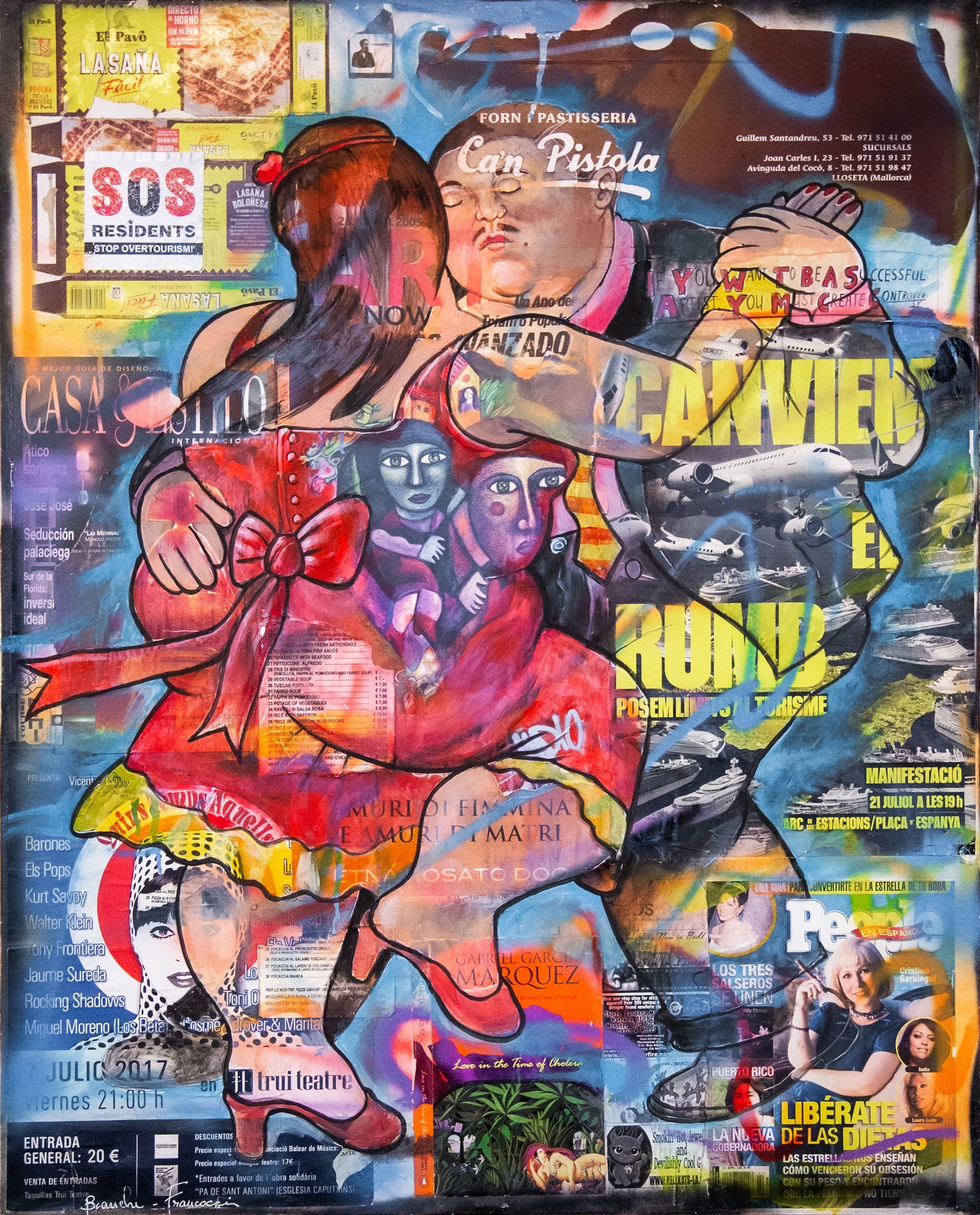 Composizione artistica contemporanea con frammenti di giornale, colori intensi e segni grafici