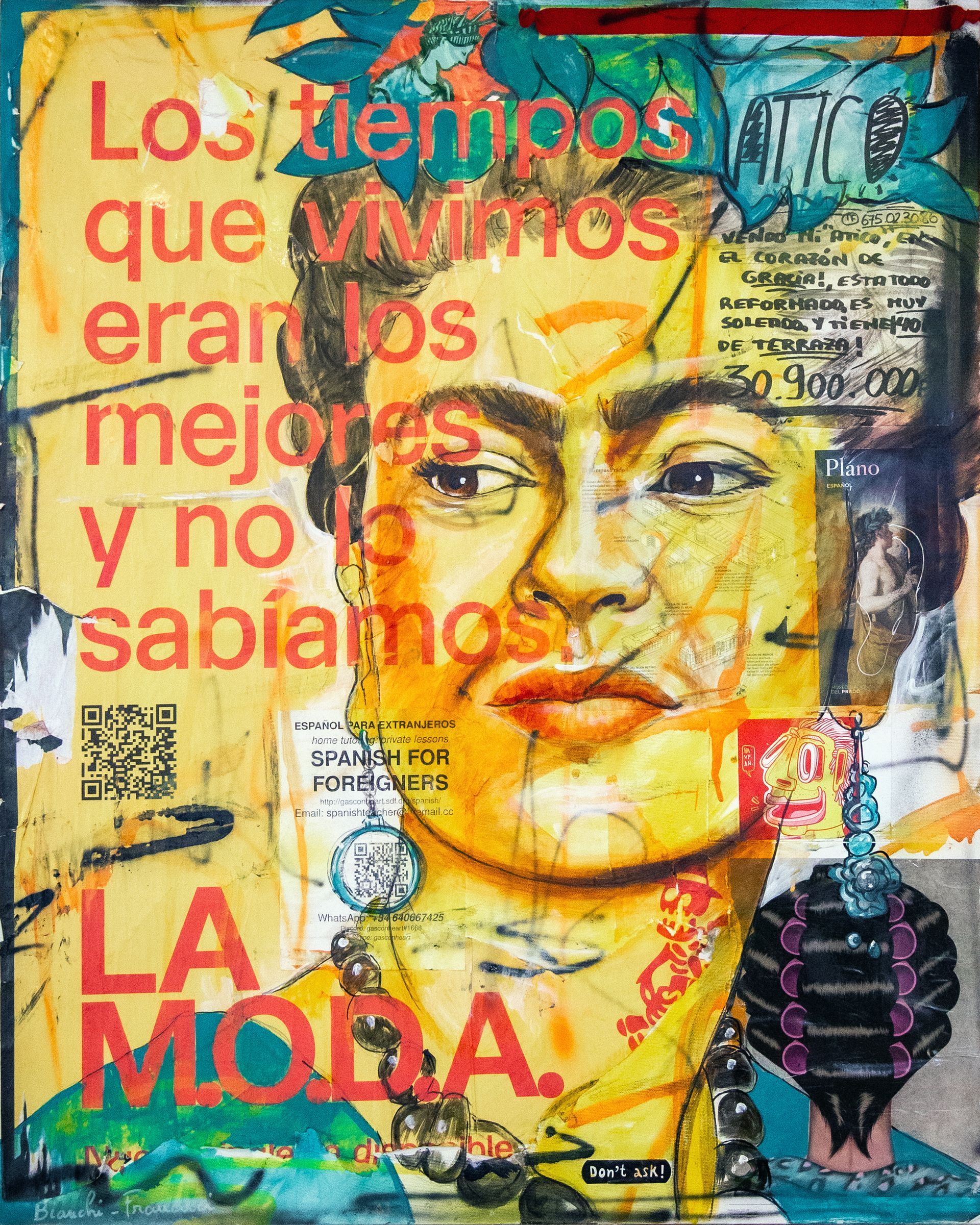 Opera d’arte stratificata con elementi figurativi e texture materiche su superficie pittorica