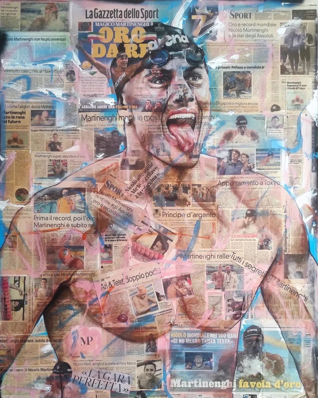 Copertina di una rivista che mostra un collage colorato e artistico di una persona che tiene in mano un bicchiere, con la scritta: 