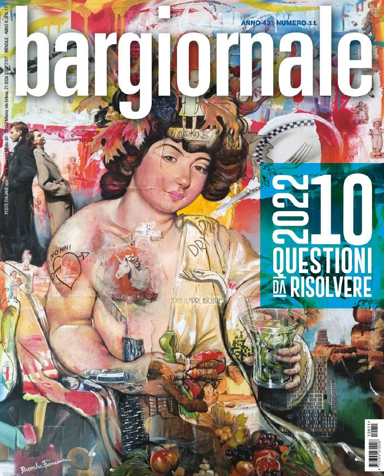 Copertina di una rivista che mostra un collage colorato e artistico di una persona che tiene in mano un bicchiere, con la scritta: 