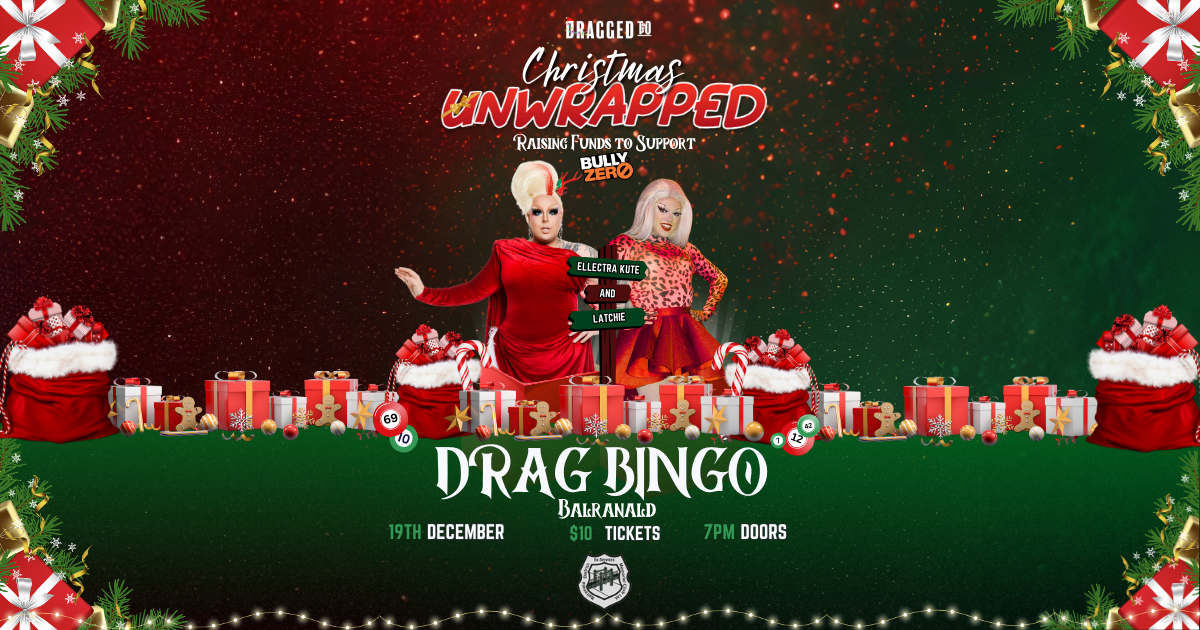 Two drag queens with Christmas presents