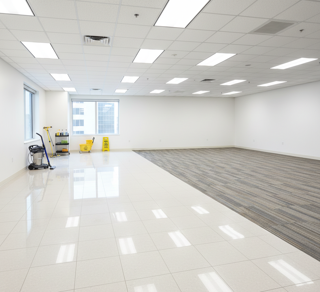 Empty office space, half tiled, half carpeted, with cleaning supplies near a window.