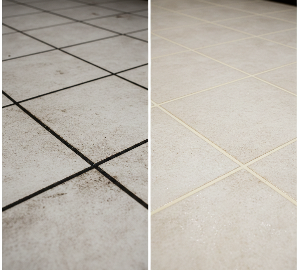 Before and after of a tile floor. The before shows dirty grout and tile. The after shows clean grout and tile.