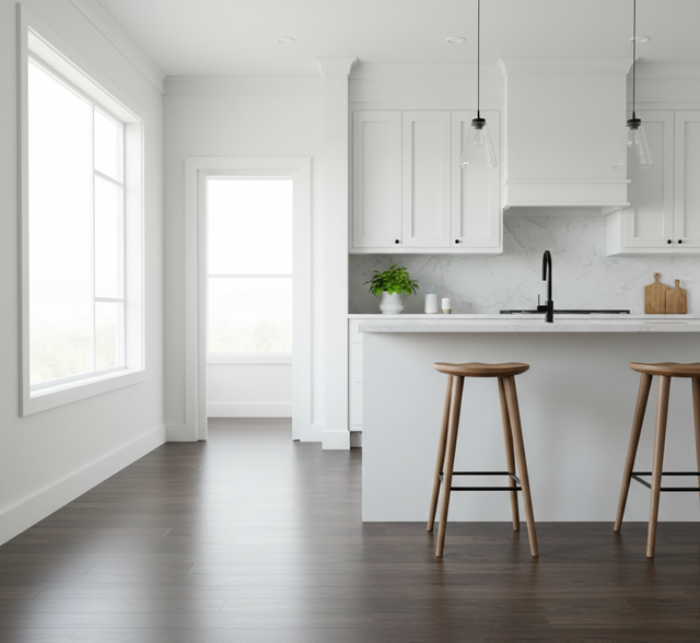 Half-and-half floor sample, light and dark wood; dining table, large houseplant, and window in background.