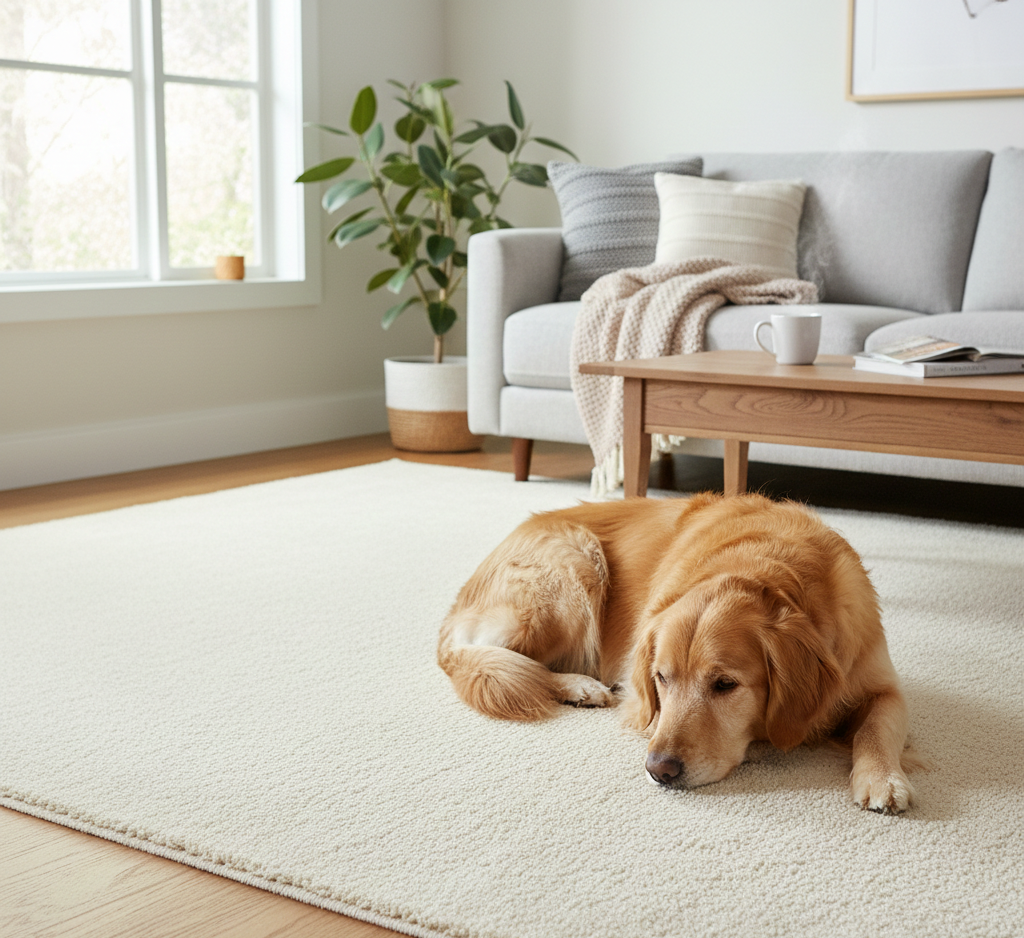 Golden retriever dog resting on a cream-colored rug in a living room.