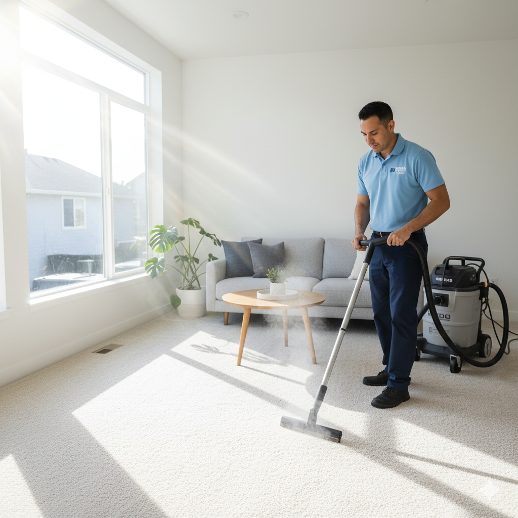 Person cleaning carpet with a machine in a bright living room.
