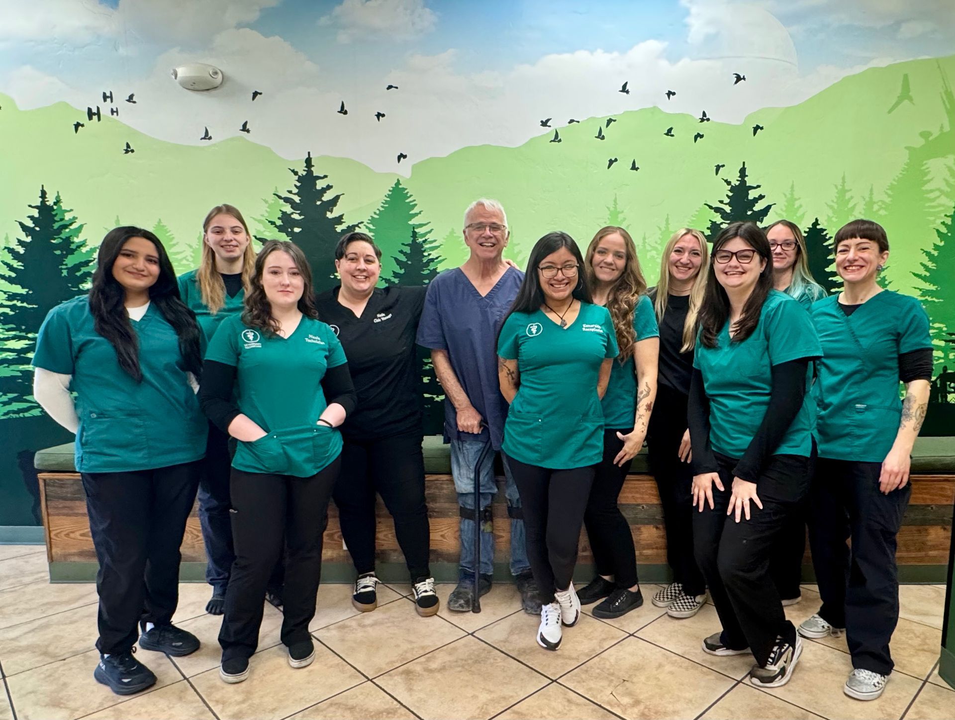 Group of people in teal scrubs posing in front of a painted mountain scene.