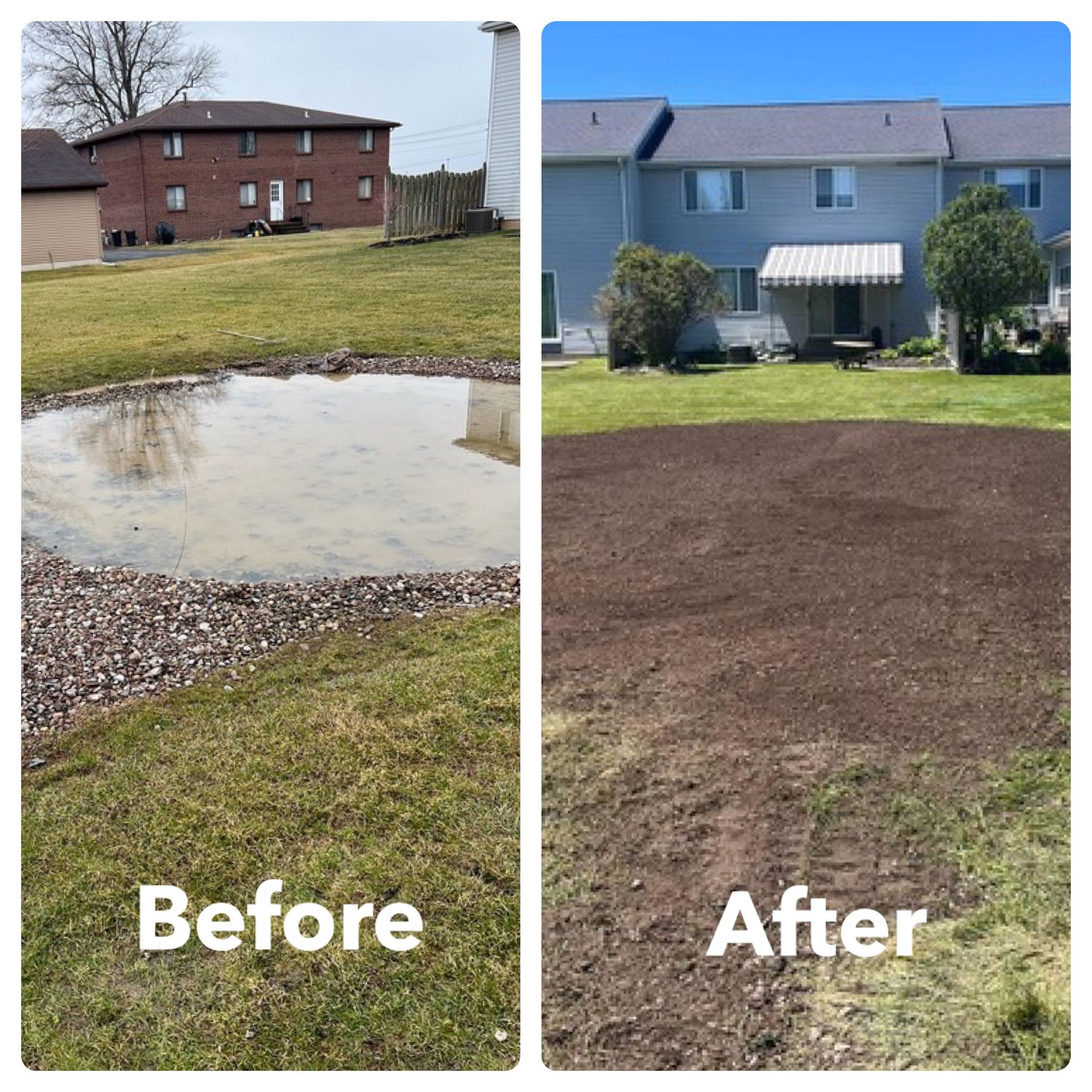 Before and after images of a backyard with a waterlogged area where a pool was once located, turned into a neat, levelled lawn