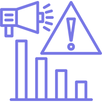 An icon of a megaphone , a warning sign , and a graph.