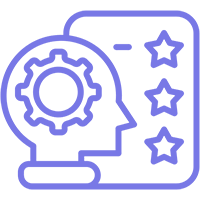 A line icon of a person 's head with a gear and three stars.