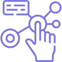 A purple icon of a hand pointing at a button.