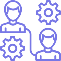 A purple line icon of two people connected to gears.