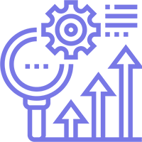A purple line icon of a light bulb , gears , and arrows.