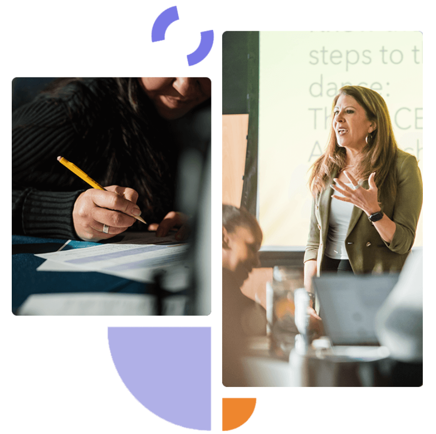 A woman is writing on a piece of paper and a woman is giving a presentation.
