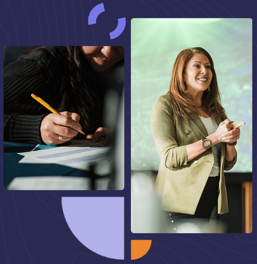 A woman is writing on a piece of paper and a woman is giving a presentation.