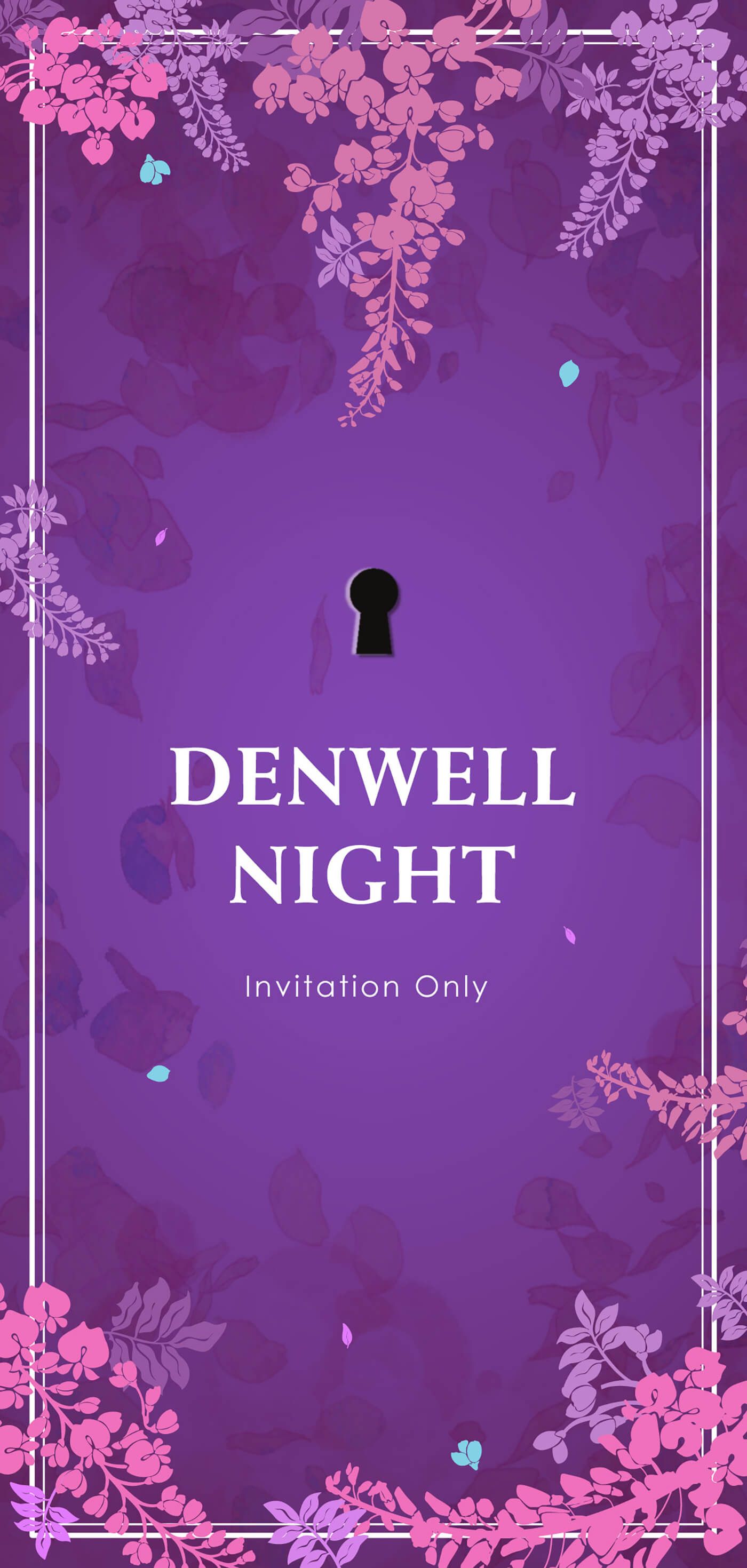 A purple background with pink and purple flowers and a keyhole.