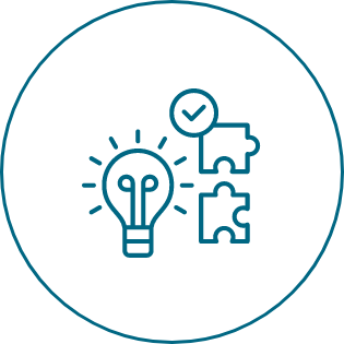An icon of a light bulb , keys and puzzle pieces in a circle.