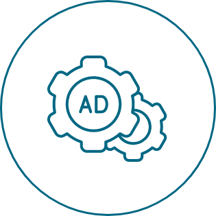 A line drawing of two gears with the word ad in the middle.