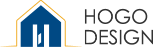 A logo for hogo design with a blue house on a white background.