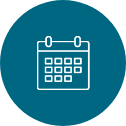 A calendar icon in a blue circle on a white background.