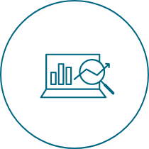 An icon of a laptop with a graph and a magnifying glass.