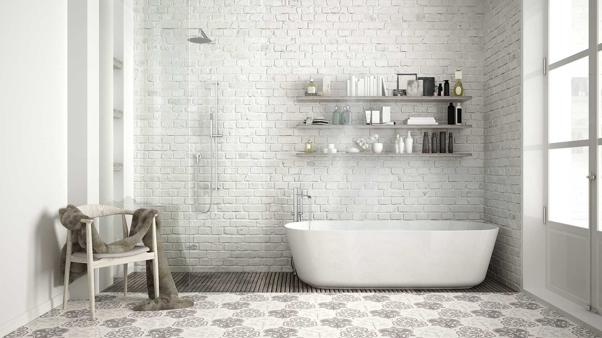 Beautiful bathroom with exposed brick in white colour
