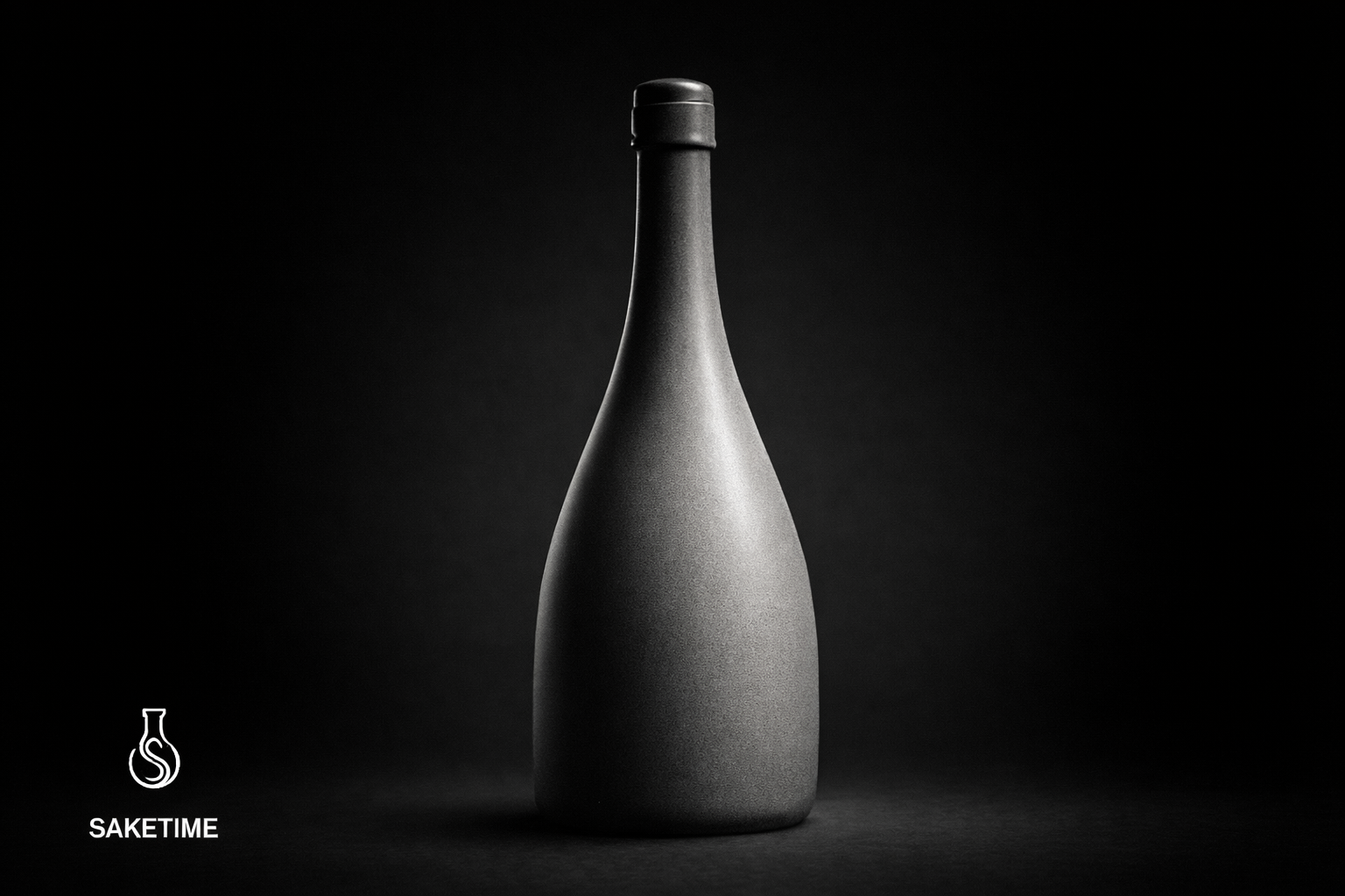 A dark bottle, with a textured finish, is set against a black background.