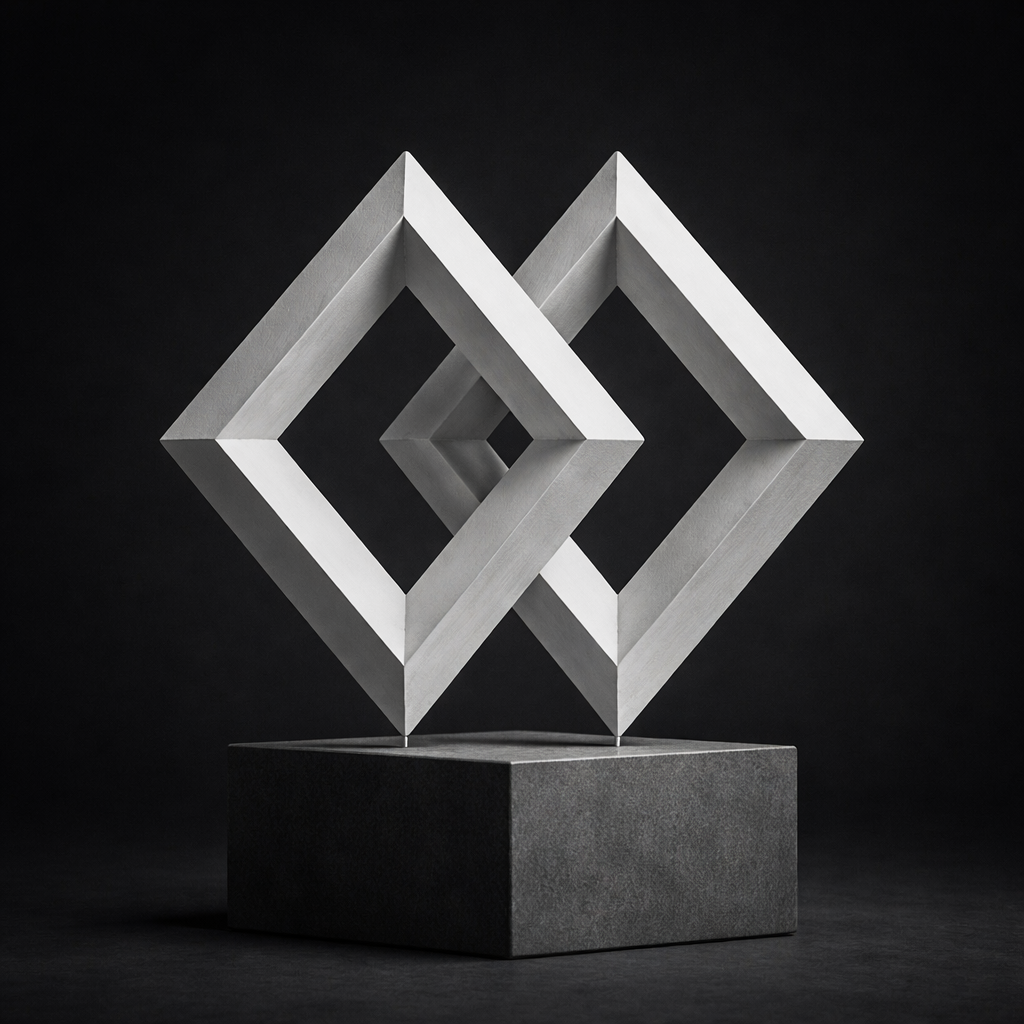 Geometric sculpture of two interlocking diamond shapes on a dark gray base.