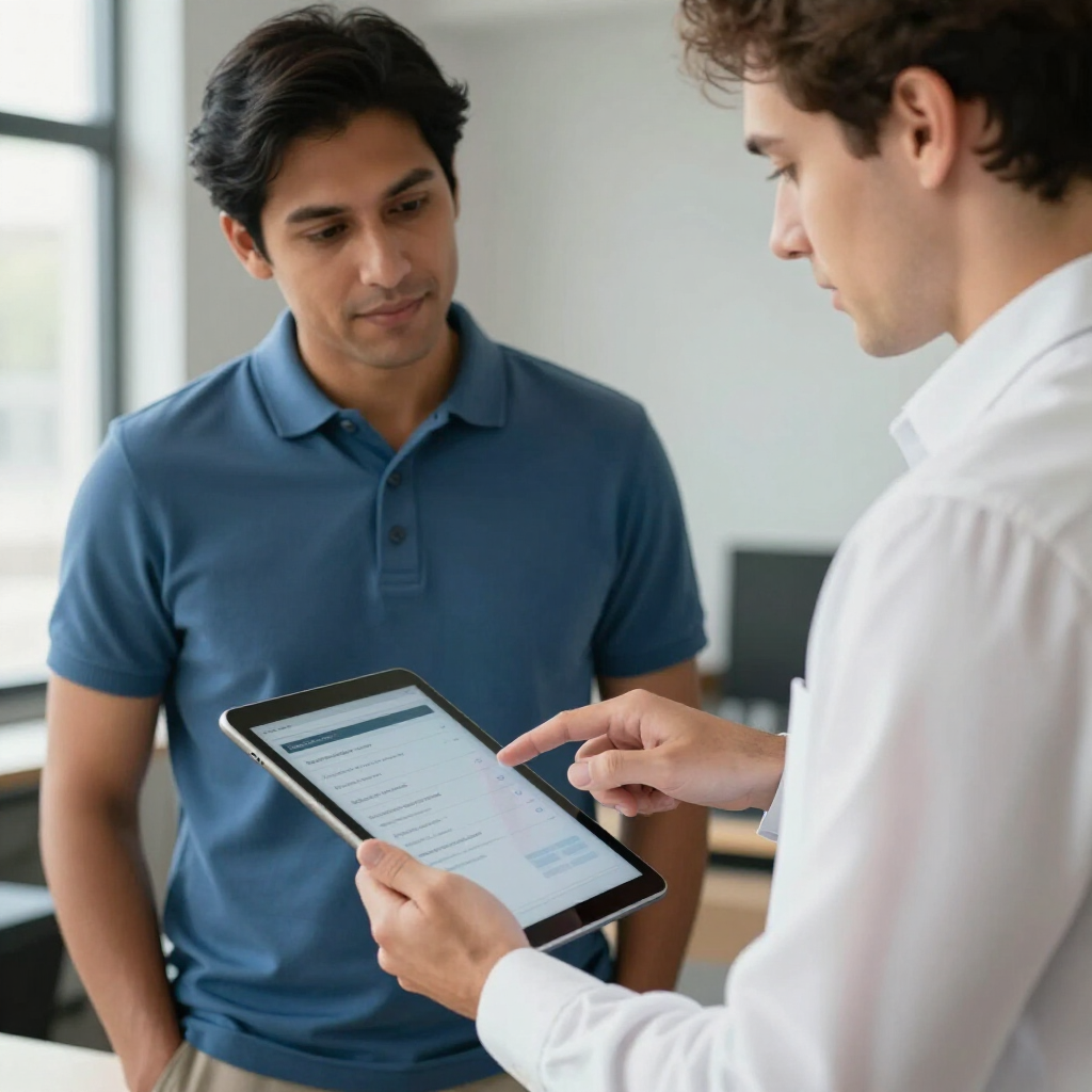 Two colleagues in an office looking at data on a tablet held by one of them.